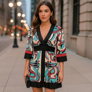 BeBe 100% Silk Graphic V-Neck Dress Size Small